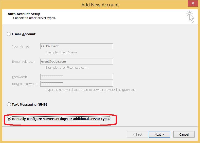 3. Select the Manually configure server setting or additional server types then click Next In the pop-up input the information then click on the More Setting button then select Advance