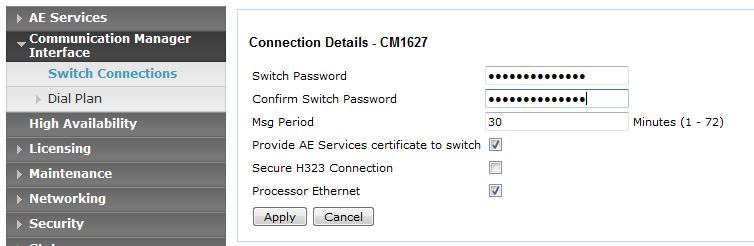 In the resulting screen enter the Switch Password, the Switch Password must be the same as that entered into Communication Manager AE Services Administration