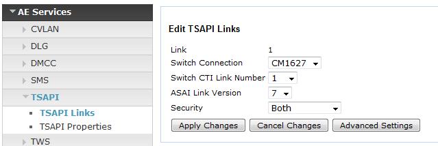 On the Add TSAPI Links screen, enter the following values: Link: Use the drop-down list to select an unused link number.