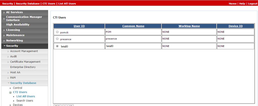 6.5. Enable Unrestricted Access for CTI User Navigate to the CTI Users screen by selecting Security Security Database