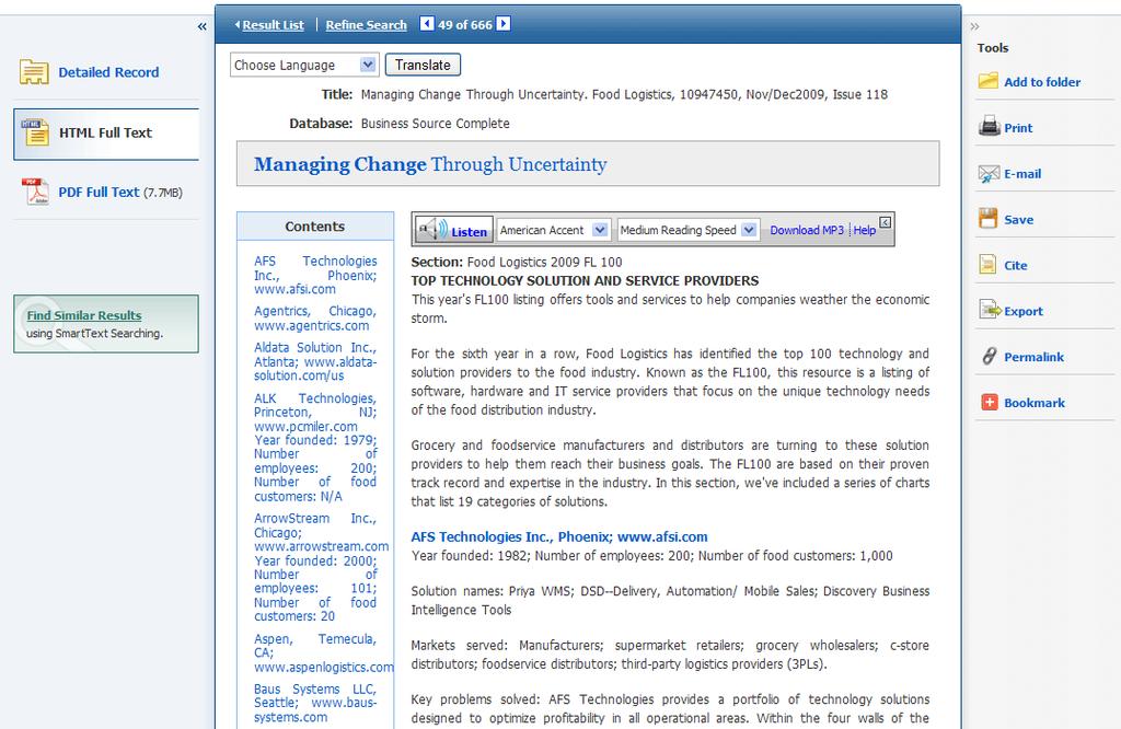 HTML Full Text View When the HTML full text view is displayed, you can also return to the Detailed Record, or any PDF or linked text by clicking on the available icons.