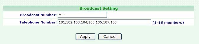Broadcast Number This field shows the Broadcast Number. Telephone Number This field shows the Telephone Number. Add Click on the Add button, then display Broadcast Setting screen.