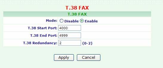 3.1.14 T.38 FAX To change your T.38 FAX, click Configuration, and then click the T.38 FAX table. The screen appears as shown. Figure Configuration: T.