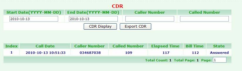 3.2.3 CDR Click Information, and then click the CDR table. The screen appears as shown.
