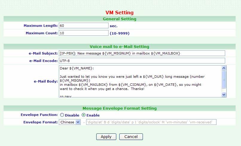 3.4.3 VM Setting User can set the configurations related with Voice Mail. To change your VM Setting, click Management, and then click the VM Setting table. The screen appears as shown.