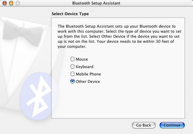 Step 5 At the "Select Device Type" dialog, choose "Other Device" and click "Continue" Step 7 From the next dialog,choose the no passkey,