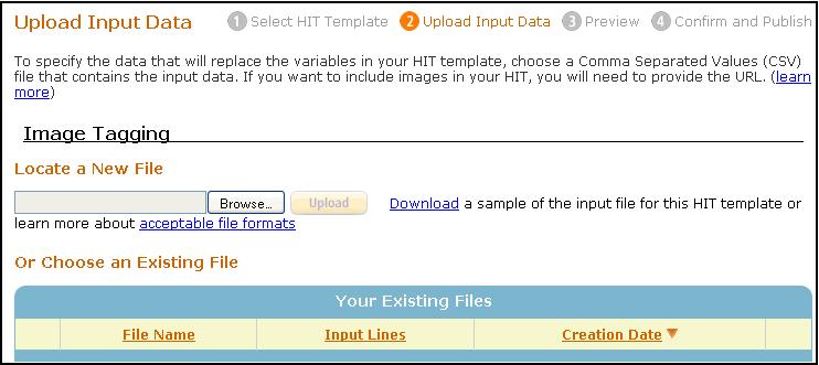 Publishing Batches Use the following procedure to publish your batch of HITs. To publish a batch of HITs 1. Click the Publish tab. The Select HIT Template page appears. 2.