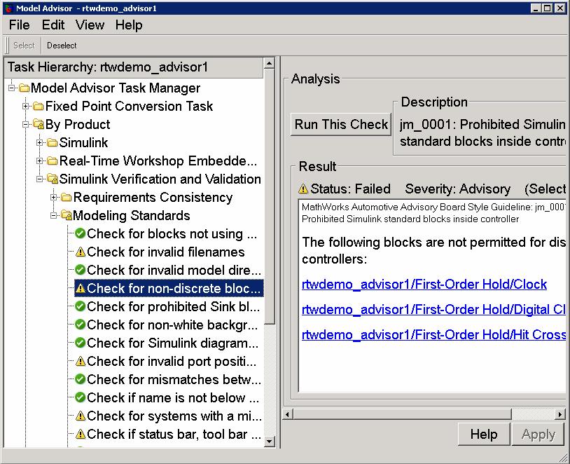 Enforce Modeling Standards Simulink Model Advisor Select from
