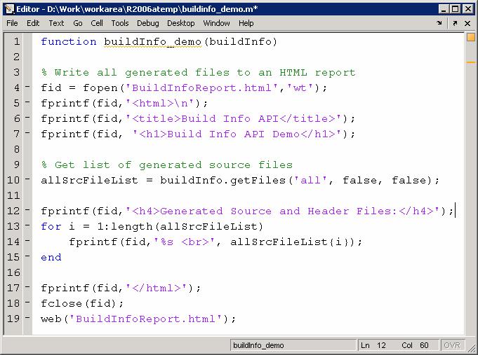 RTW Build Info API (Example) BuildInfoReport.