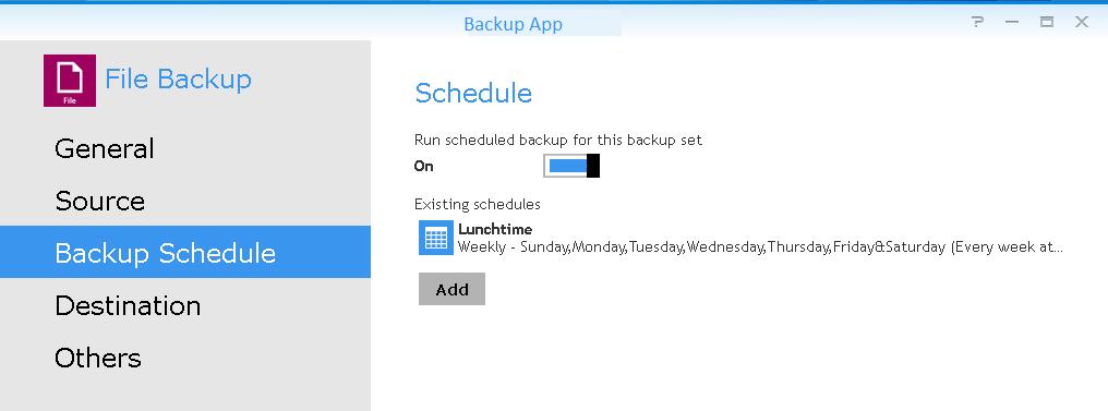3. Go to the Backup Schedule tab. In case Run scheduled backup for this backup set is off, switch it On.
