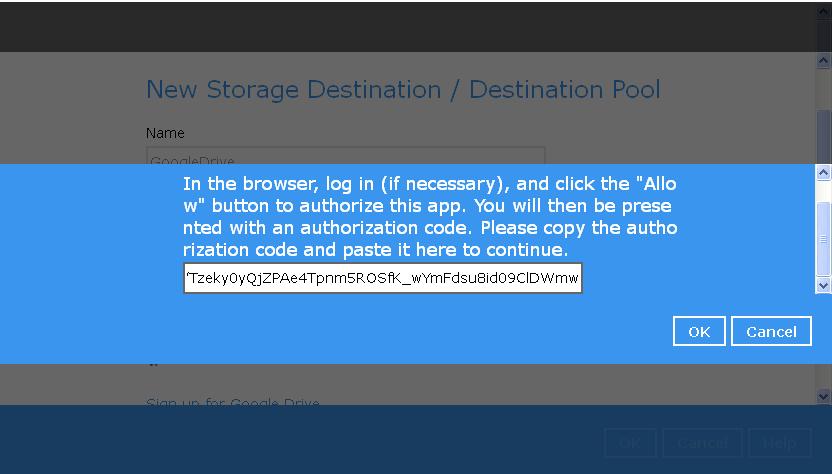 5. Enter the authentication code returned in Backup App to complete the destination setup.