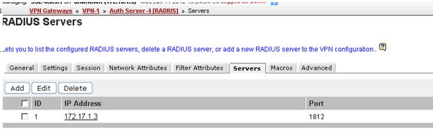 Specify the Radius server address. Select the Servers tab on the RADIUS Servers page. 9.