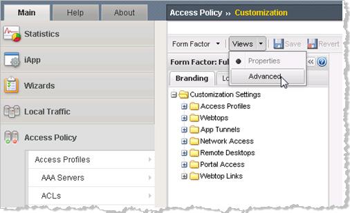 ActivIdentity 4TRESS AAA Web Tokens and F5 APM Integration Handbook P 13 2. From the View drop-down list, click Advanced.