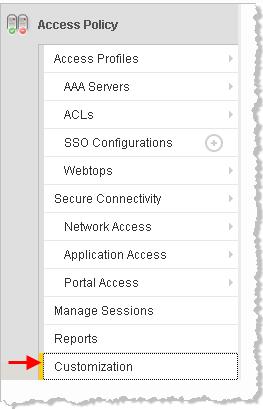 2 Personalizing Page Appearance 1. On the main tab, navigate to Access Policy > Customization.