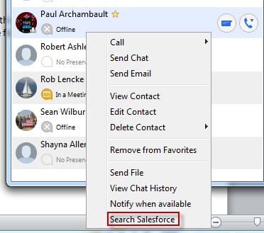 When viewing a contact in your Favorites, My Contacts or Calls lists, right-click on the contact and click the Search in Salesforce button.