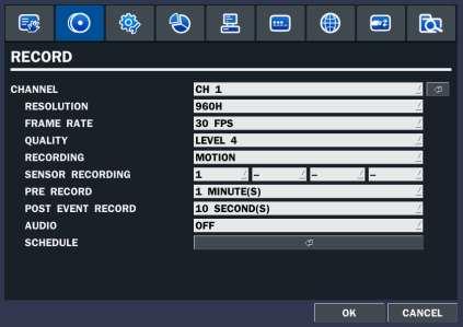 3-3. Setup Recording Mode Press the SETUP button and select RECORD icon. Then, the RECORD menu is displayed as picture below.