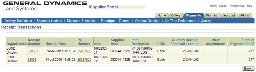Other PO-related Information Notice that isupplier has moved you from the Orders tab over to the Shipments tab and Receipts sub-tab.