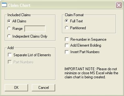 Claim Chart Use the Claim Chart dialog box to select which options you'd like to include in a Claim Chart report that will be generated in a new Microsoft Excel window.