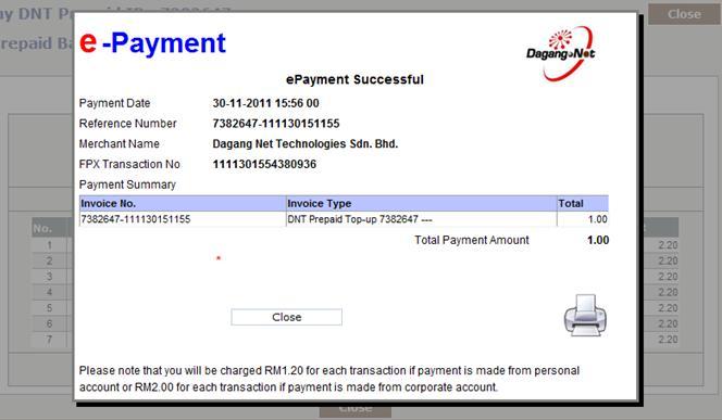 successful payment will appear as per below