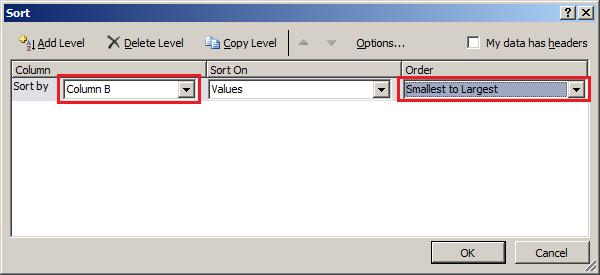 to be sorted. In the example, the decimal error numbers are entered in column B of the Excel list. Sort on Here select the Value entry so that the error numbers are interpreted as decimal numbers.