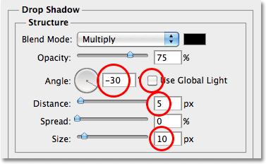 The Layer Style dialog box will change to show options for the Drop Shadow in the middle column. Uncheck the Use Global Light option and change the Angle of the shadow to -30.