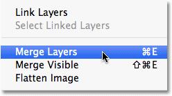 With both layers selected, go up to the Layer menu and choose Merge Layers, or press Ctrl+E (Win) /Command+E (Mac) for the keyboard shortcut: Go to Layer > Merge Layers.