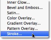 Choose Stroke from the bottom of the list of layer styles: Click Stroke to select it. This opens the Layer Style dialog box set to the Stroke options in the middle column.