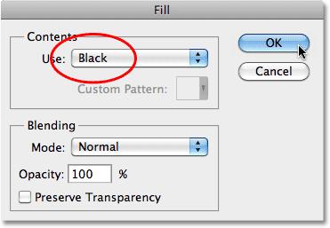 Set Use to Black. Click OK to exit out of the dialog box, and Photoshop fills the square selection with black: The selection is now filled with black on Layer 1.