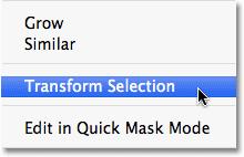 Transform Selection command. Go up to the Select menu at the top of the screen and choose Transform Selection: Go to Select > Transform Selection.