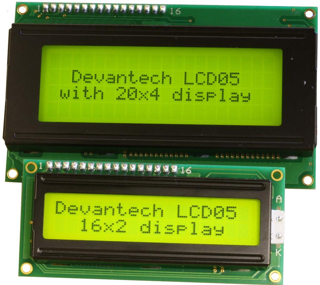 LCD05 green displays LCD05 blue displays The I2C and serial display driver provides easy operation of a standard 20 x 4 or 16 x 2 LCD Text display.
