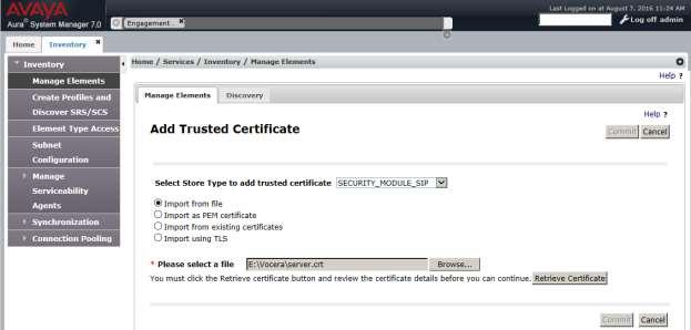 Select SECURITY_MODULE_SIP from the Select Store Type to add trusted certificate drop-down menu, and select the Import