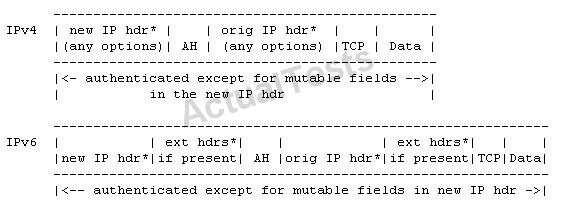 The following diagram illustrates AH tunnel mode positioning for typical IPv4 and IPv6
