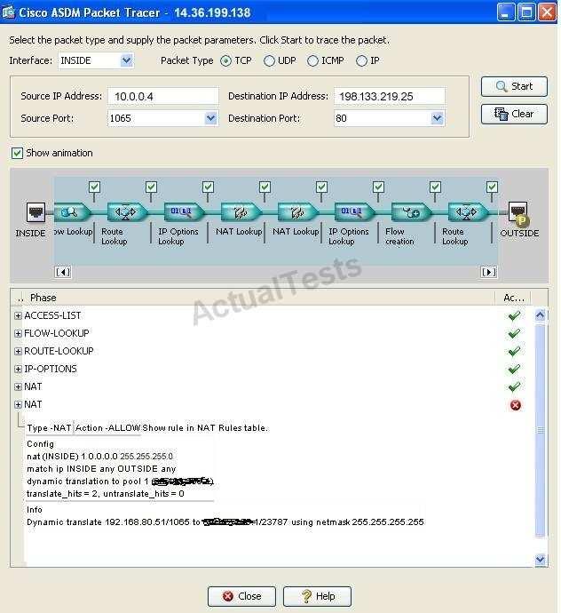 Which command is required to fix the issue identified by Cisco ASDM Packet Tracer in the image? A. nat (inside) 1 10.0.0.4 B. global (outside) 1 203.0.113.100 C.