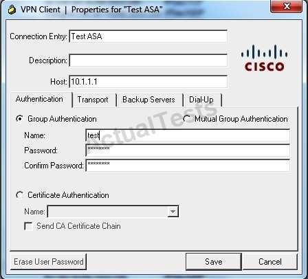 To configure the Cisco ASA, what should you enter in the Name field, under the Group Authentication option for the IPSec VPN client? A. group policy name B.