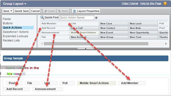 Topics on Objects Example: Add the Announcement, Add Record, and Add Member actions to the group publisher. Now users can select these actions directly from the publisher.