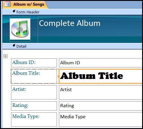 3.) Customizing Forms with AutoFormat, Logos, Editing Options You may change the look of the Album w/ Songs form by clicking View -> Layout View.