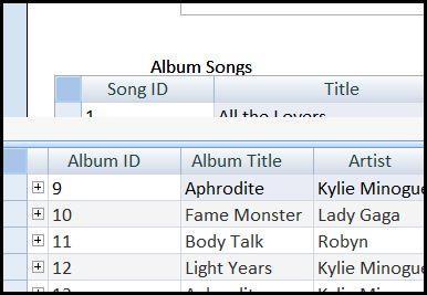 Now you may want to resize the Album Songs form to match the Album form! Go back to the Form View. The Album Songs table will appear behind the original split form.