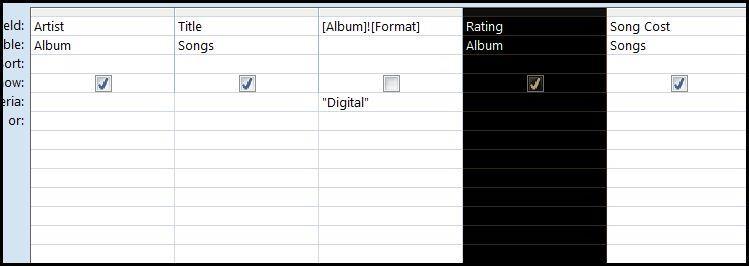 In the Tables/Queries box, change this to Table: Album. Move Album Title, Artist, Rating, Media Type and Album Cost over to the Selected Fields box.