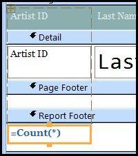 This report has a counter that adds the number of artists. Click inside the Count box and press the Delete Key on your keyboard. Make sure only the =Count is surrounded with the orange box.