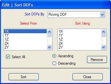 ME'scope Reference Volume IIA - Basic Operations 136 Sort DOFs By Dialog box. Choose a sorting method from the Sort DOFs By drop down list.