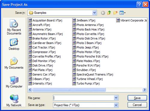 ME'scope Reference Volume IIA - Basic Operations Project Save As Dialog Box. All of the files with the file extension (.VTprj) in the currently selected folder are listed in the dialog box.