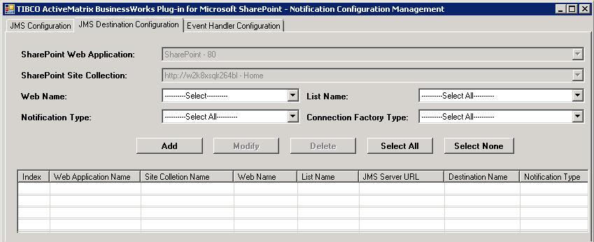 49 JMS Destination Configuration In the JMS Destination Configuration tab, you can specify the notification type, bind a JMS topic or queue to one or more Microsoft SharePoint lists, and manage