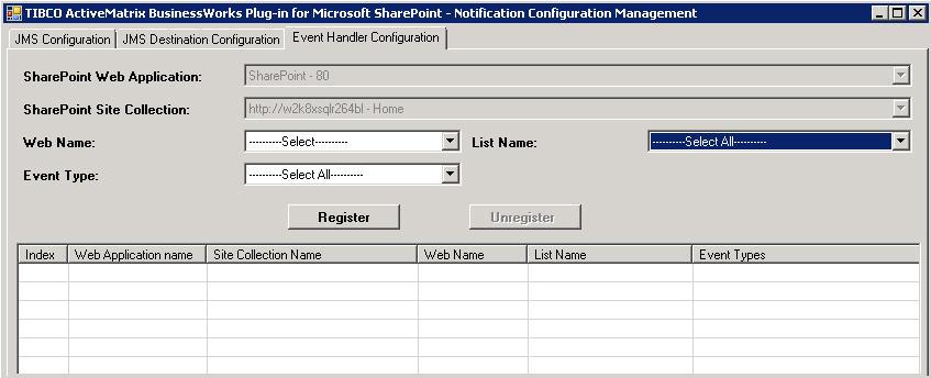 51 The following table lists the GUI elements in the Event Handler Configuration tab: GUI Element SharePoint Web Application SharePoint Site Collection Web Name List Name Event Type Description This