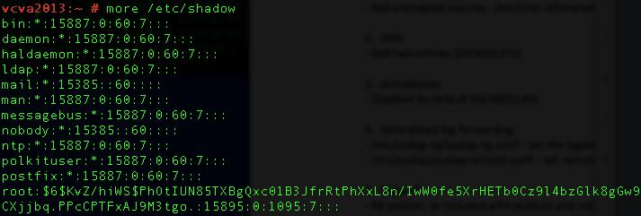 # more /etc/shadow The password field is the second field of the shadow file. If account passwords start with $6$, then the password is using a sha512 hash.
