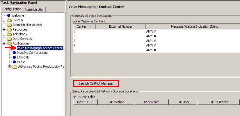 8. To access CallPilot Manager: Select the Configuration tab, open the Applications folder, select the Voice Messaging / Contact Center link, and then click to Launch