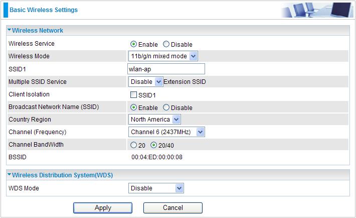 Basic Wireless Settings Wireless Network Wireless Service: Default setting is Enable. If you do not have any wireless, select Disable. Wireless Mode: The default setting is 11b/g/n mixed mode.