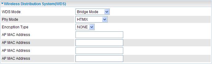 Bridge Mode Bridge Mode: Select Bridge Mode from the WDS Mode drop-down menu.