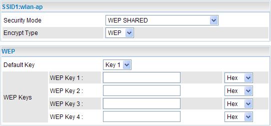 Secuirty Mode WEP OPEN / WEP SHARED / WEP AUTO Security Mode: Select WEP OPEN, WEP SHARED or WEP AUTO from the drop-down menu. Encryption Type: Only available in WEP SHARED mode.