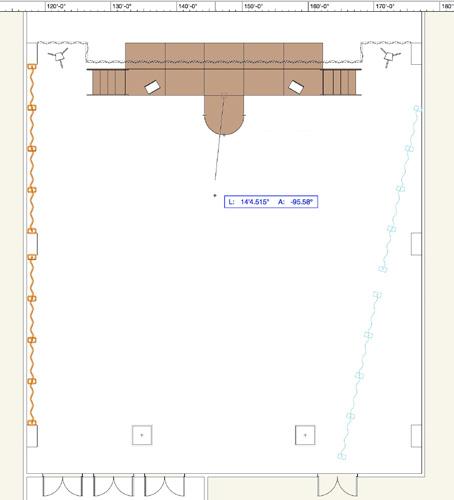 5. Zoom in on the start of this pipe and drape assembly. You will notice it extends into the column. the Ballroom. You can use midpoint of the stage to set the mirror axis. 6.