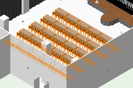 With the rectangle selected, go to Event Design > Create Event Seating 8. Under Seating Arrangement, choose Classroom. 9. Set the Seat Spacing to 6 0 [1.83m] and the Row Spacing to 7 0 [2.13m]. 10.